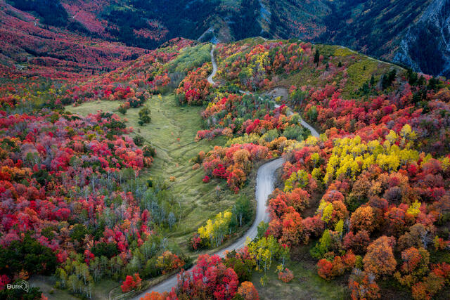 KYHV Peak Road on an autumn's day winding through the Wasatch Mountains of Utah.