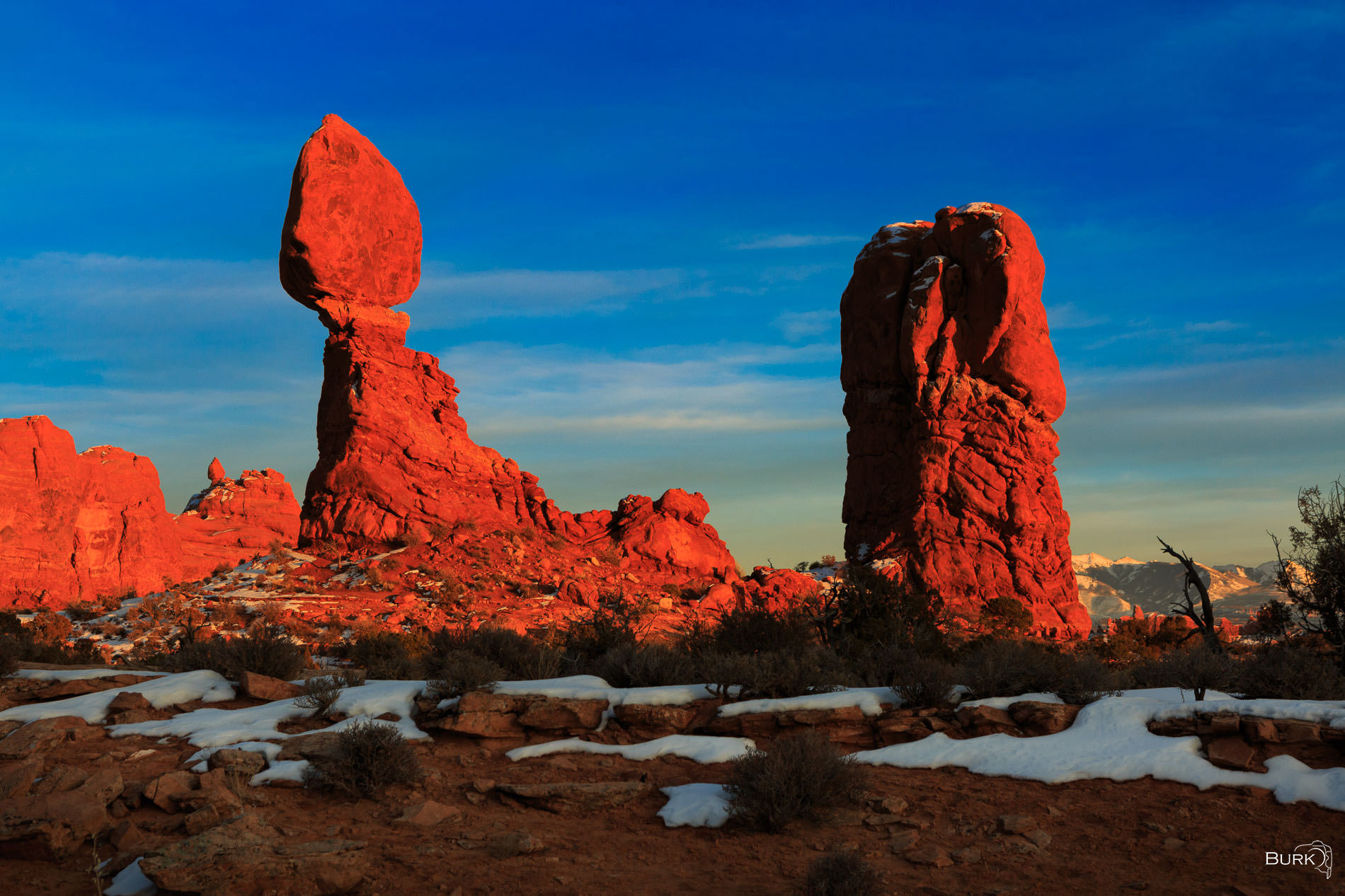 Balanced Rock Alpenglow Balanced Rock, Alpenglow, Arches National Park, National Parks, Orange
