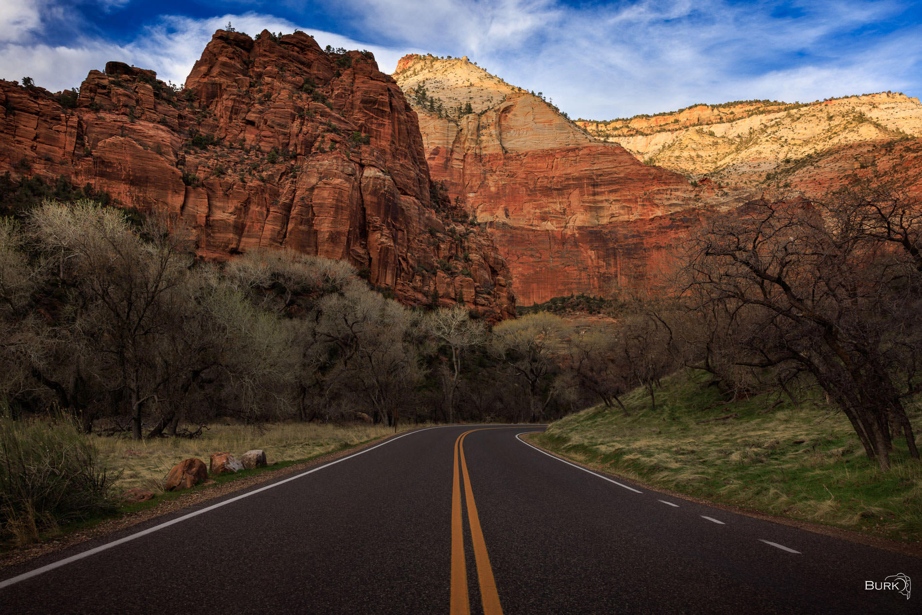 Road to Zion Tracing the curves of Zion Canyon Road through the canyon.