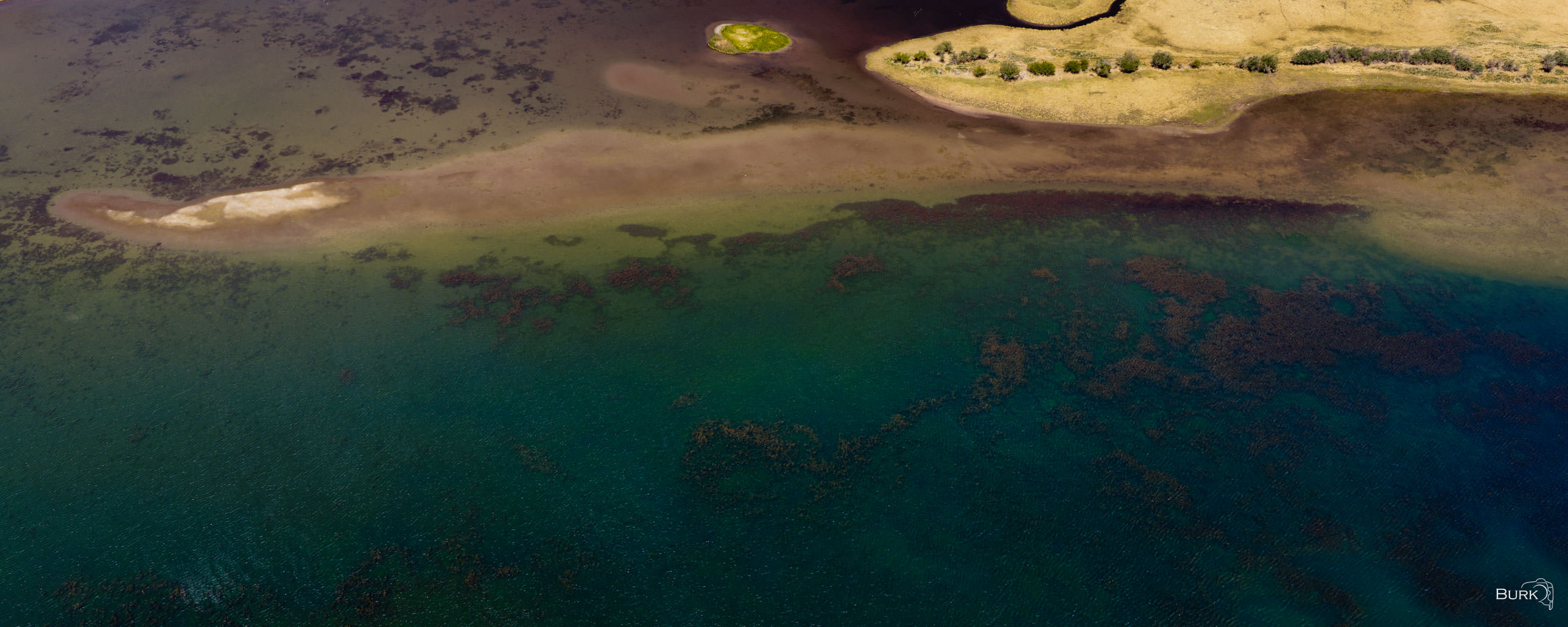 The Shallows of Fish Lake Aerial view of Fish Lake, where emerald water, golden shoreline, and hidden underwater textures create a quiet natural abstract...
