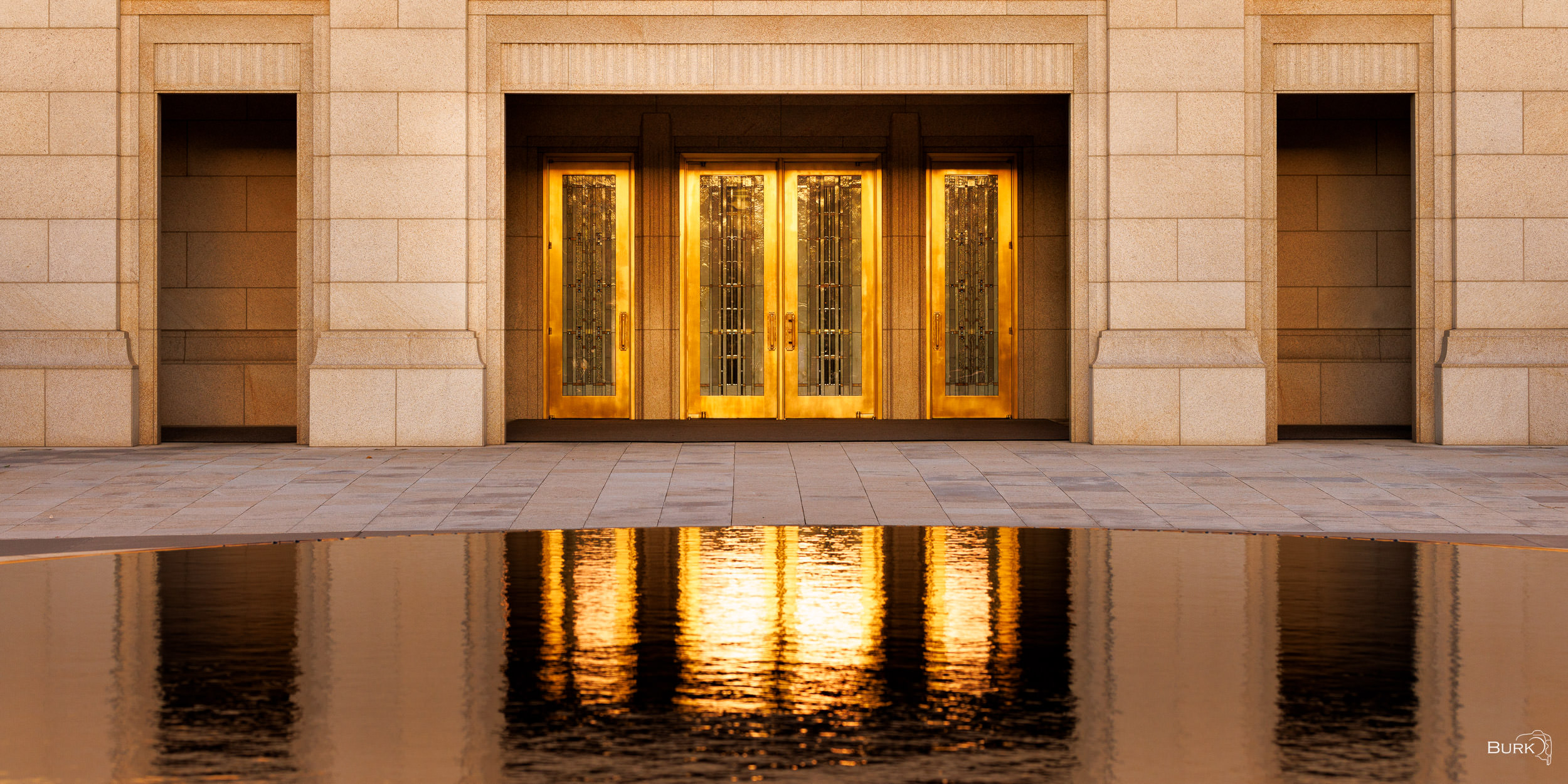 Ogden Temple Doors East side entrance to the Ogden LDS Mormon Temple, gold doors on the reflecting pond.