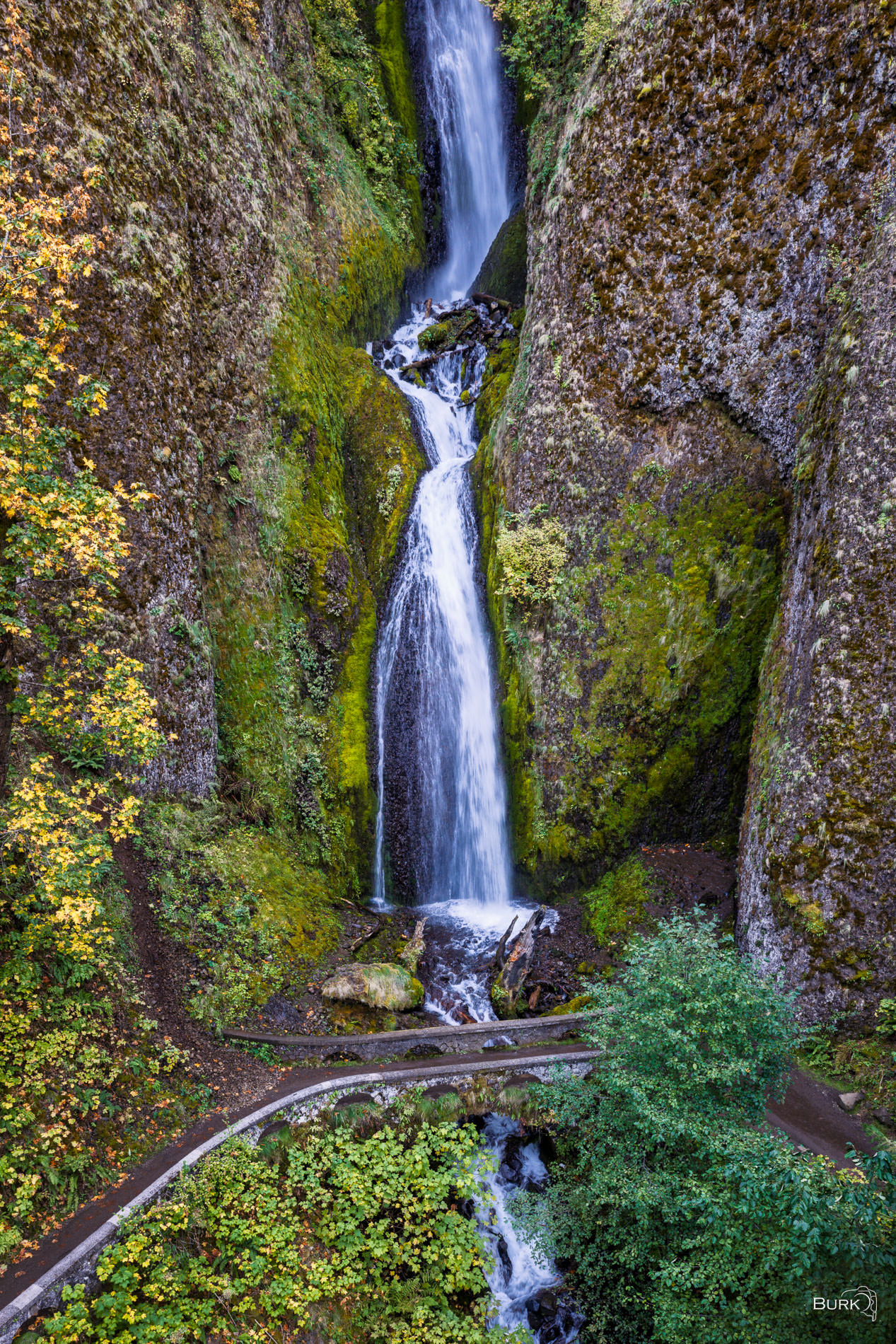 The Troll's Hideaway A Pacific Northwest waterfall with the bridge below.