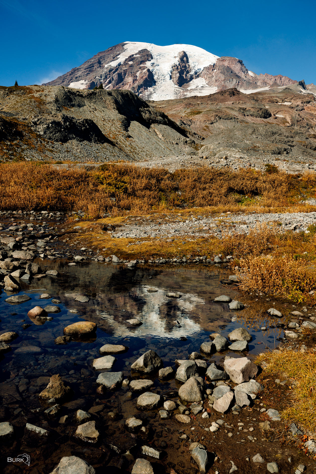 Autumn Beneath Mount Rainier Mount Rainier pictured with an alpine stream on the Skyline Loop Trail