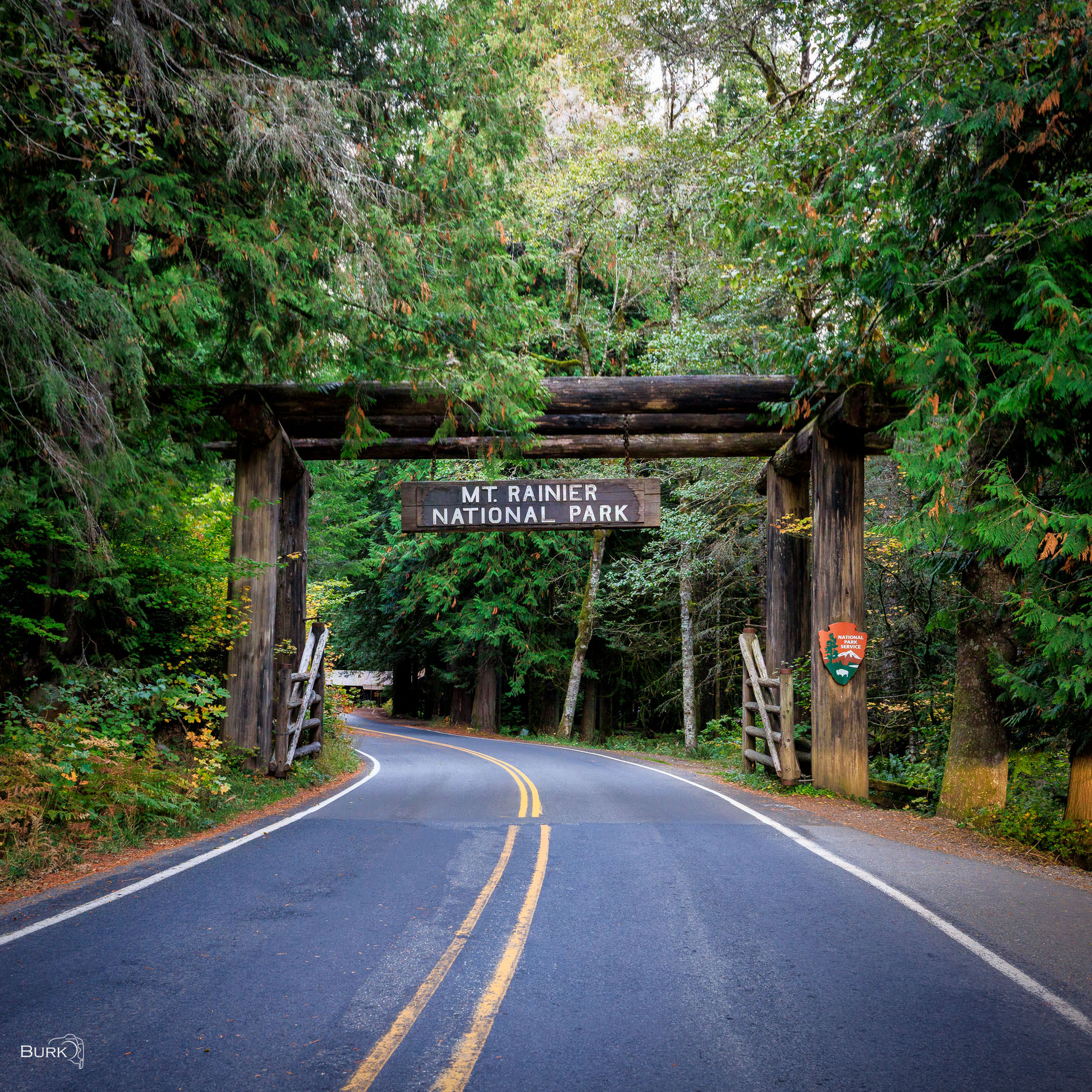 Mt. Rainier Nisqually Entrance The southwest entrance sign to Mount Rainier National Park, located approximately six miles east of Ashford, Washington, along State Route 706. The National